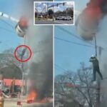 Terrifying video exhibits Louisiana utility employee dangling from fiery bucket truck earlier than falling